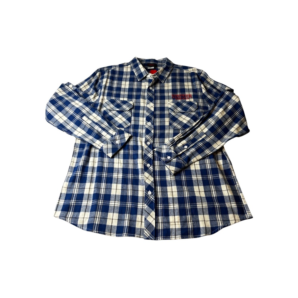 Stranger Things Mens XL Blue White Plaid Flannel Button Down Shirt NWT 2STM0062